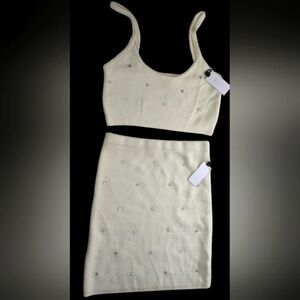 ASTR the Label Sweater Crop Top & Matching Skirt Set Sz L Ivory Embellished NWT